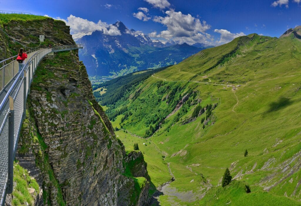 Grindelwald hiking trail with Eiger North Face in background, wildflower meadows in bloom, Alpine peaks, summer hiking