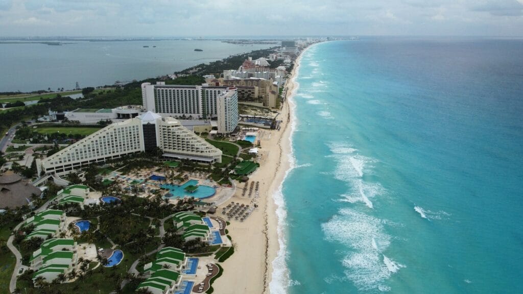 Aerial view of Panama Jack resort in Cancun with water park, beach and family pool areas, best budget all-inclusive option