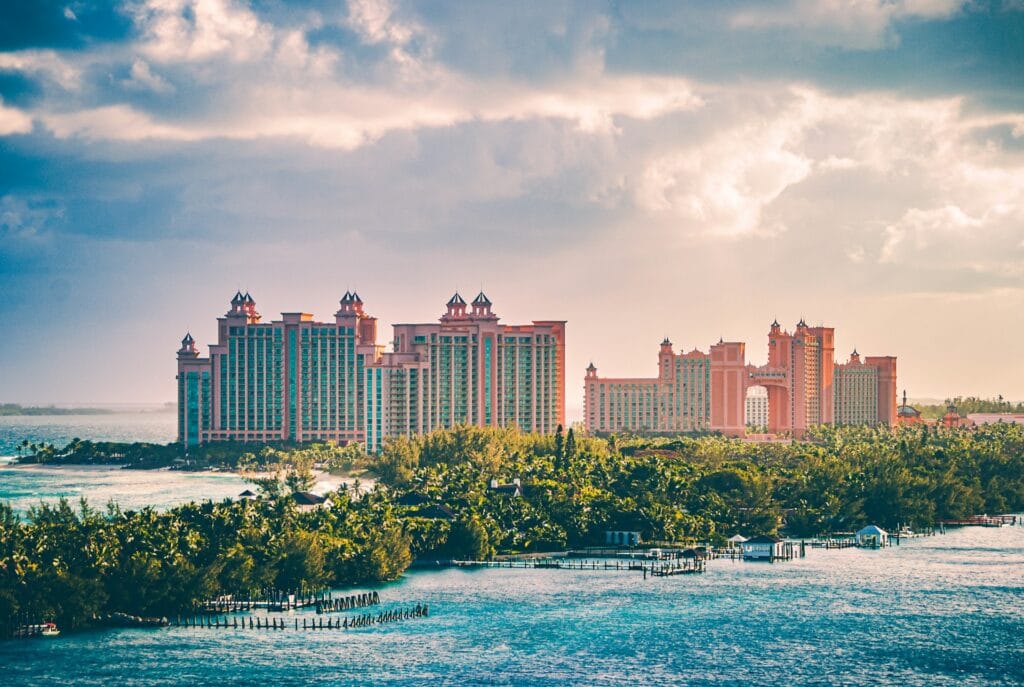 Aerial view of Atlantis Paradise Island resort in Bahamas with massive water park and beach, iconic family vacation destination
