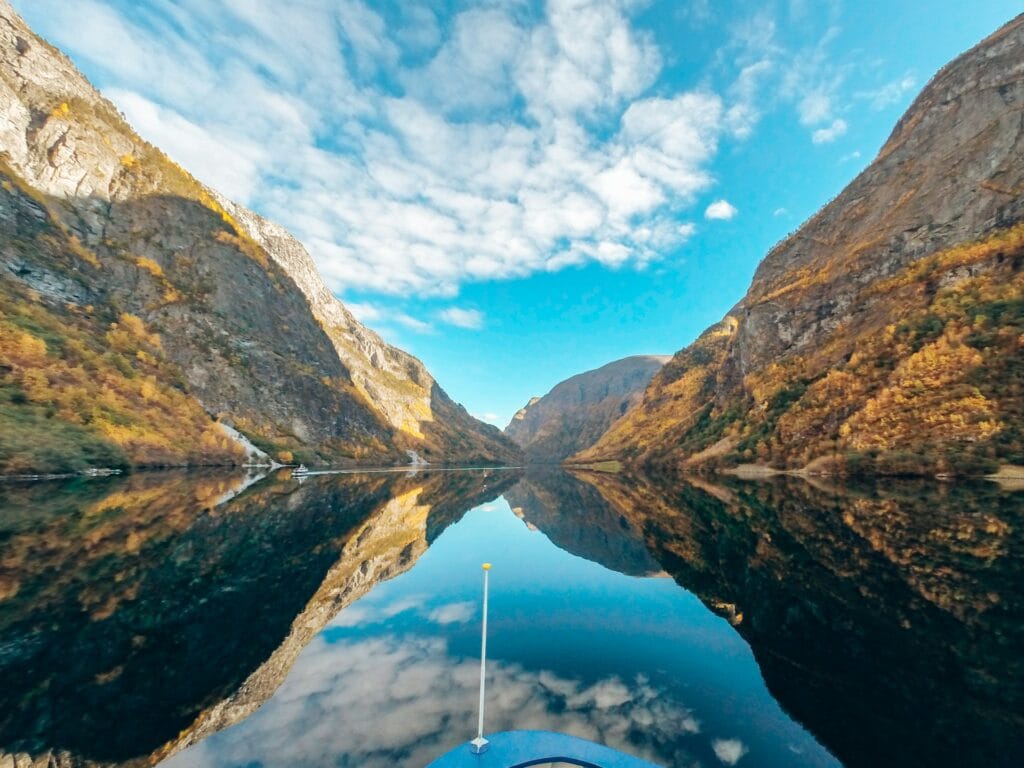 Nærøyfjord’s narrow UNESCO-listed fjord with towering rock walls and calm water in western Norway
