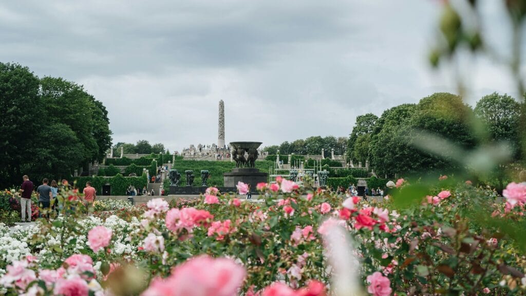 Flower field and trees in a large park in Oslo, representing Vigeland Sculpture Park in soft morning light