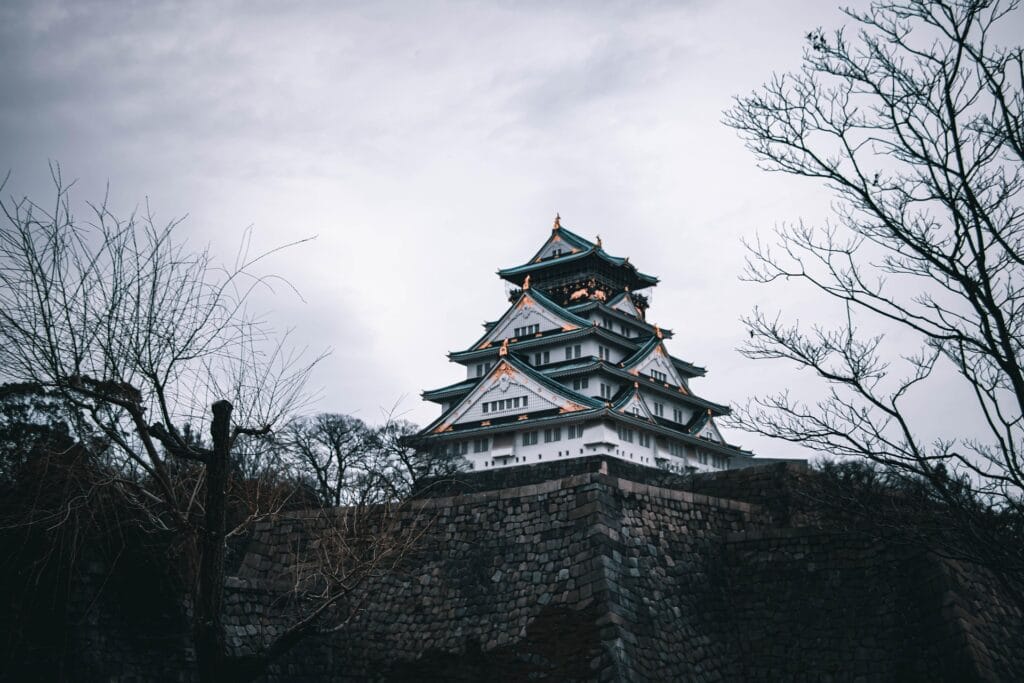 Osaka street food market at night with illuminated food stalls, traditional lanterns, crowds, neon signs, steaming food stands, lively atmosphere