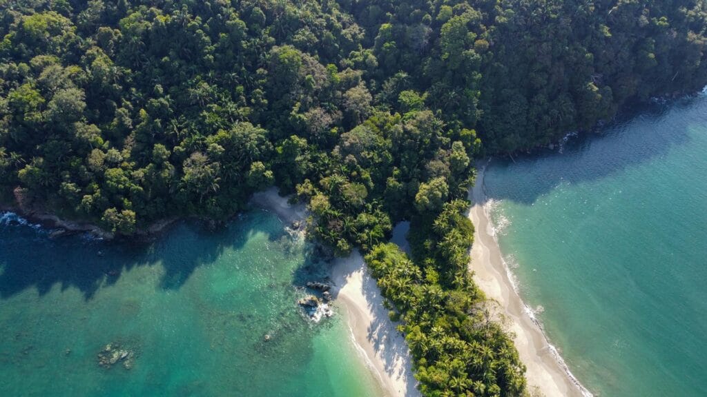 Aerial overhead view of Manuel Antonio Beach in Costa Rica showing pristine sand beach, turquoise water, dense tropical jungle, and coastal cliffs