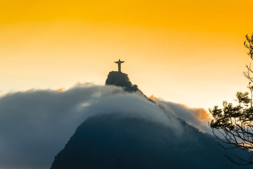 Panoramic view of Rio de Janeiro's iconic cityscape with mountains, coastline, and urban landscape showing the vibrant city during Carnival season