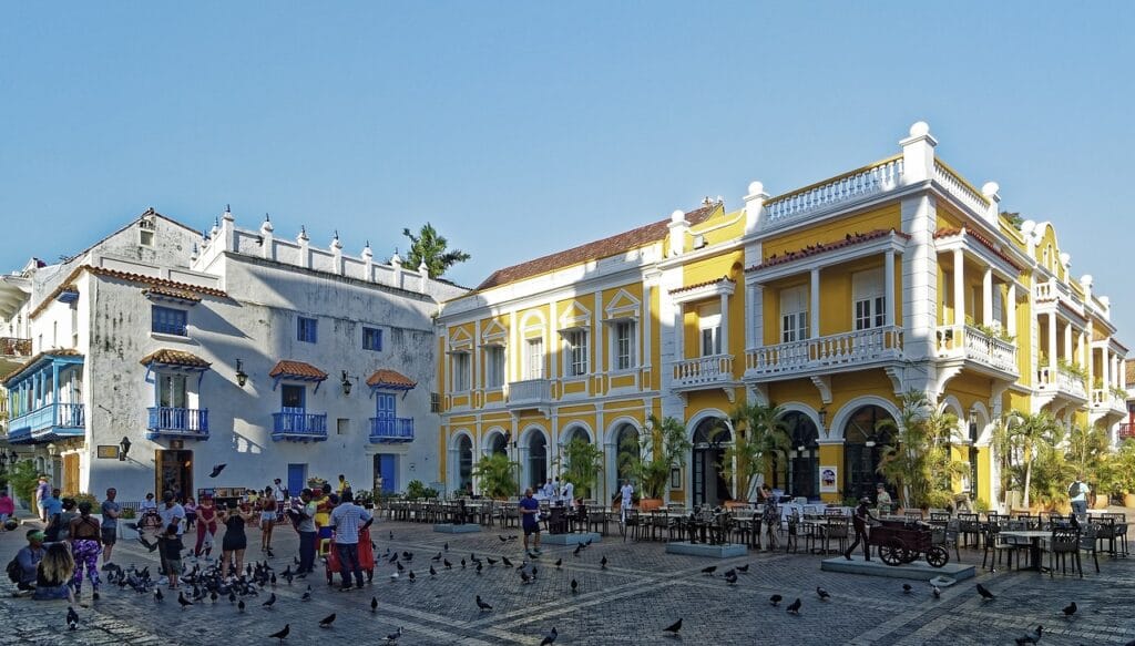 A bustling city square in the UNESCO-listed walled city of Cartagena, Colombia