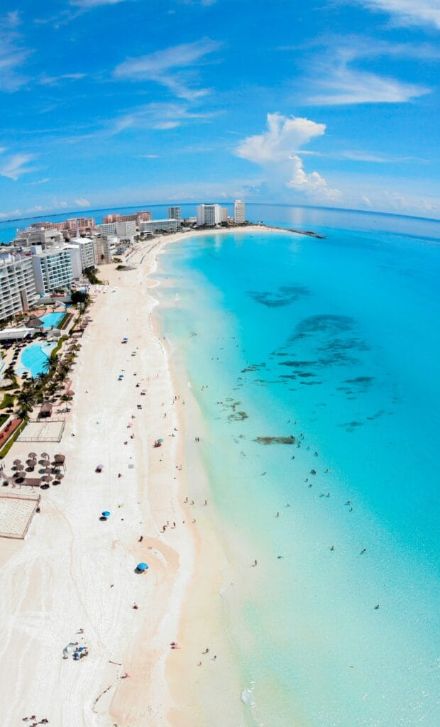 Panorama of the Cancun coastline with hotels situated between the Caribbean Sea and the lagoon