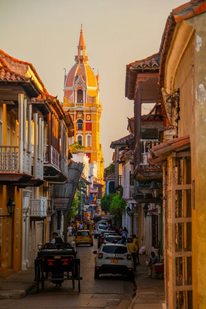 bustling city square in the UNESCO-listed walled city of Cartagena, Colombia.