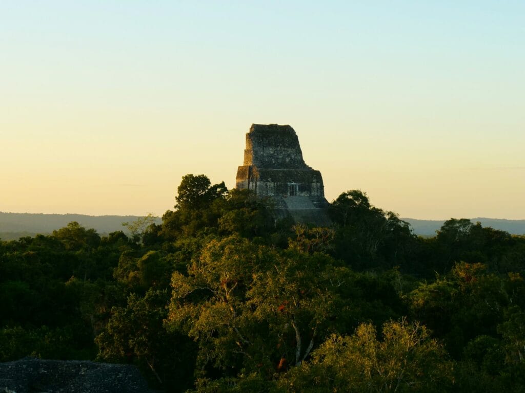 A large ancient Mayan stone pyramid (Temple I) rising above a dense green tropical forest canopy at sunrise.