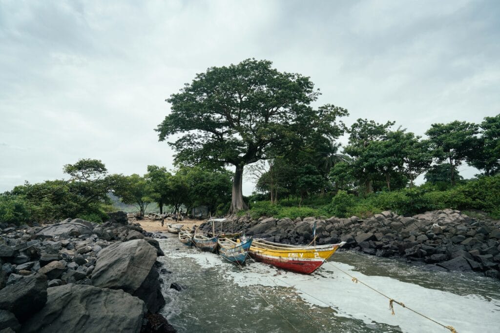 Local people riding on a small boat along a tropical river in Sierra Leone during the day.