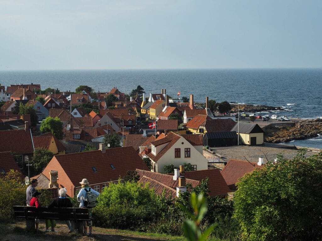 Scenic viewpoint overlooking the rugged coast and blue sea of Bornholm island in Denmark