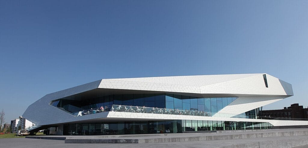 Eye Filmmuseum in Amsterdam by the water, showing a step-free museum reached by free ferry